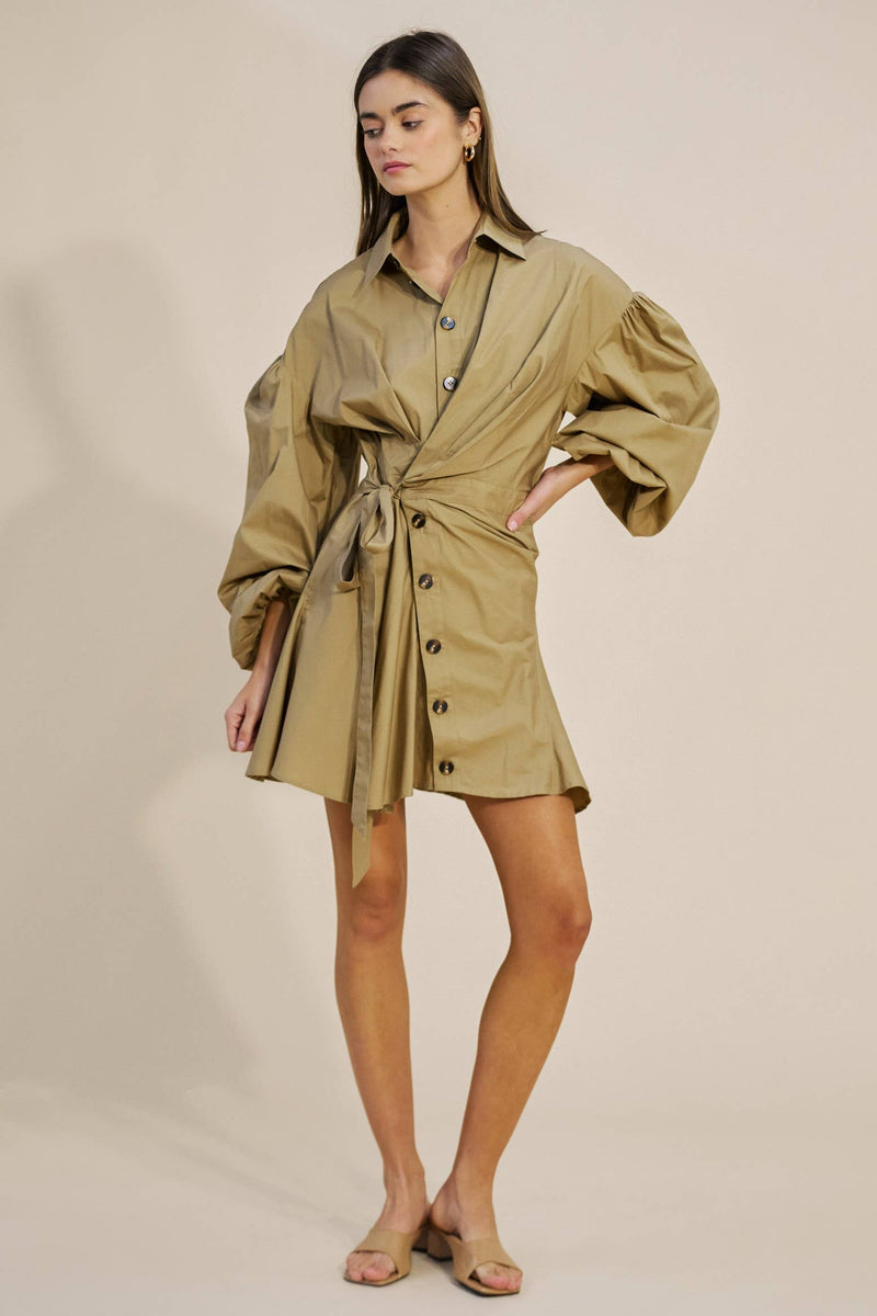 Collared Asymmetrical Button Down Mini Dress Taupe L / Taupe