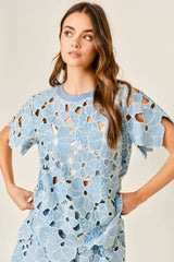 FLOWER EYELET SHORT SLEEVE TOP