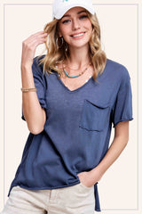 Loose Fit V-neck Pocket Short Sleeve Top