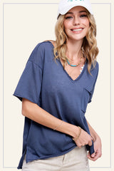 Loose Fit V-neck Pocket Short Sleeve Top