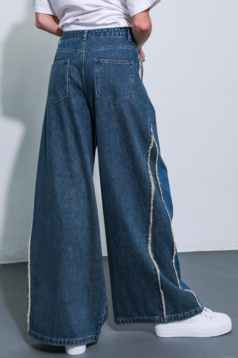 Fringed Pleated Indigo Denim Jeans