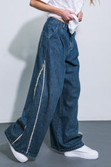 Fringed Pleated Indigo Denim Jeans