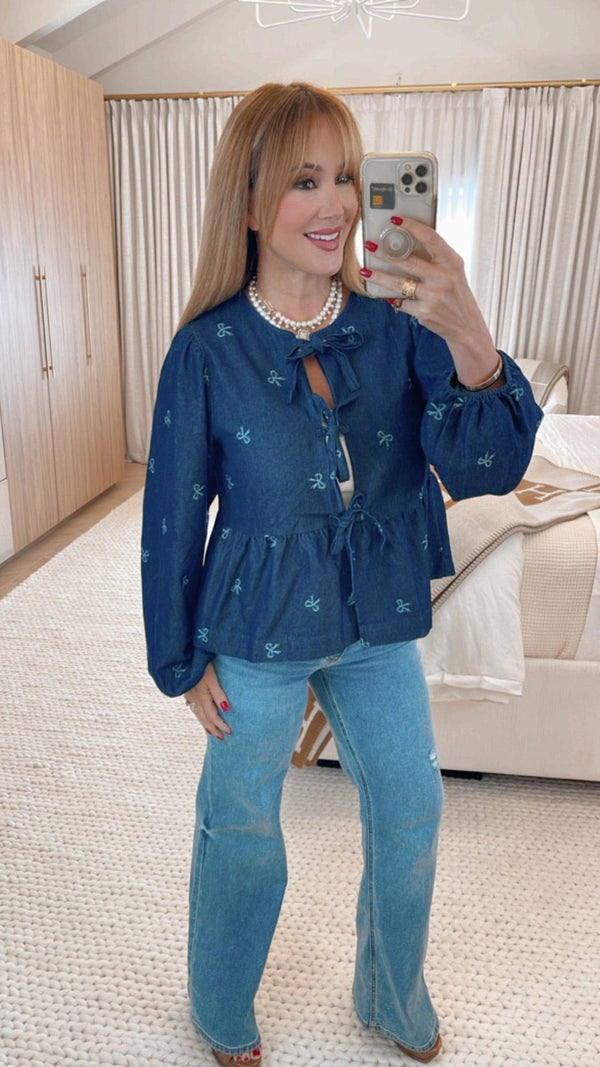 Lara Bow Print Denim Bow Tie Blouse - PRINZZESA BOUTIQUE