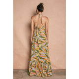 Tropical Smocked V Neck Halter Maxi Dress