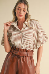 Striped Bubble Sleeve Button Down Top in Pecan Stripe
