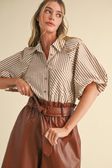 Striped Bubble Sleeve Button Down Top in Pecan Stripe