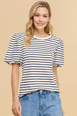 Striped Ivory Navy Top With Puffed Sleeves