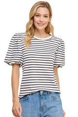 Striped Ivory Navy Top With Puffed Sleeves