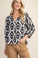 Black Bold Print V-neck Blouse