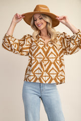 Beige Bold Print V-neck Blouse