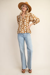 Beige Bold Print V-neck Blouse