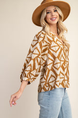 Beige Bold Print V-neck Blouse