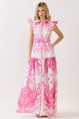Fuchia Shirts Collar Print Maxi Dress