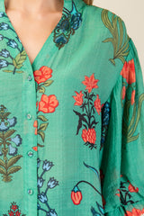 Green Floral Print Button Down Top