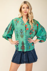 Green Floral Print Button Down Top