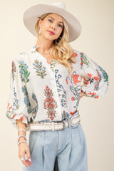 Printed Button Down Top Off White Mix