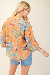 Coral and Print  Button Down Blouse