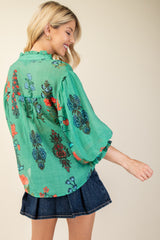 Green Floral Print Button Down Top