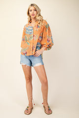 Coral and Print  Button Down Blouse