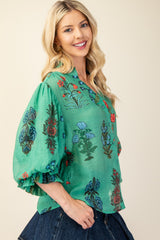 Green Floral Print Button Down Top