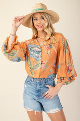 Coral and Print  Button Down Blouse
