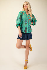 Green Floral Print Button Down Top