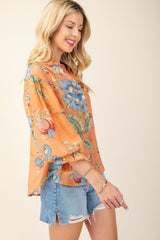 Coral and Print  Button Down Blouse