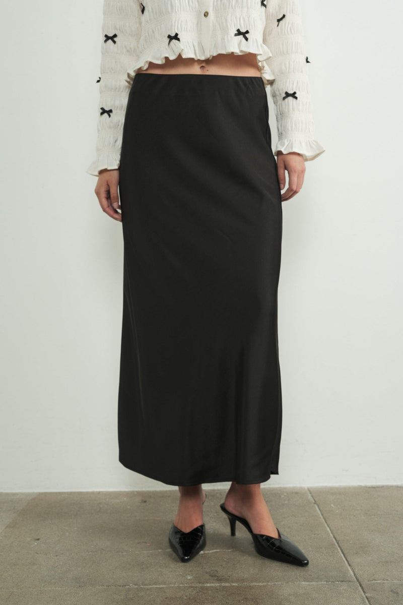 Minerva Black Satin Midi Skirt