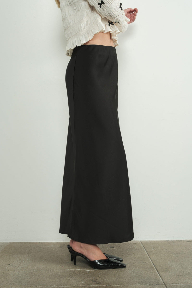 Minerva Black Satin Midi Skirt