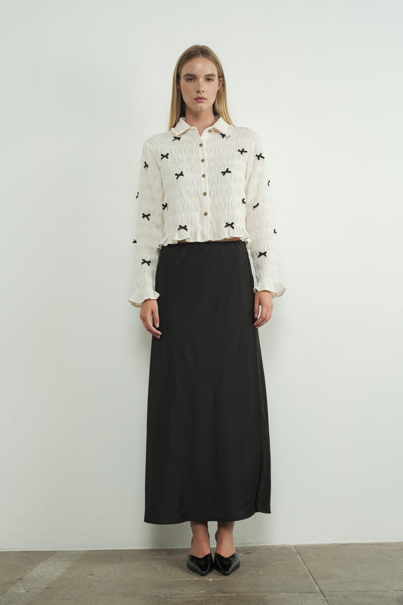 Minerva Black Satin Midi Skirt
