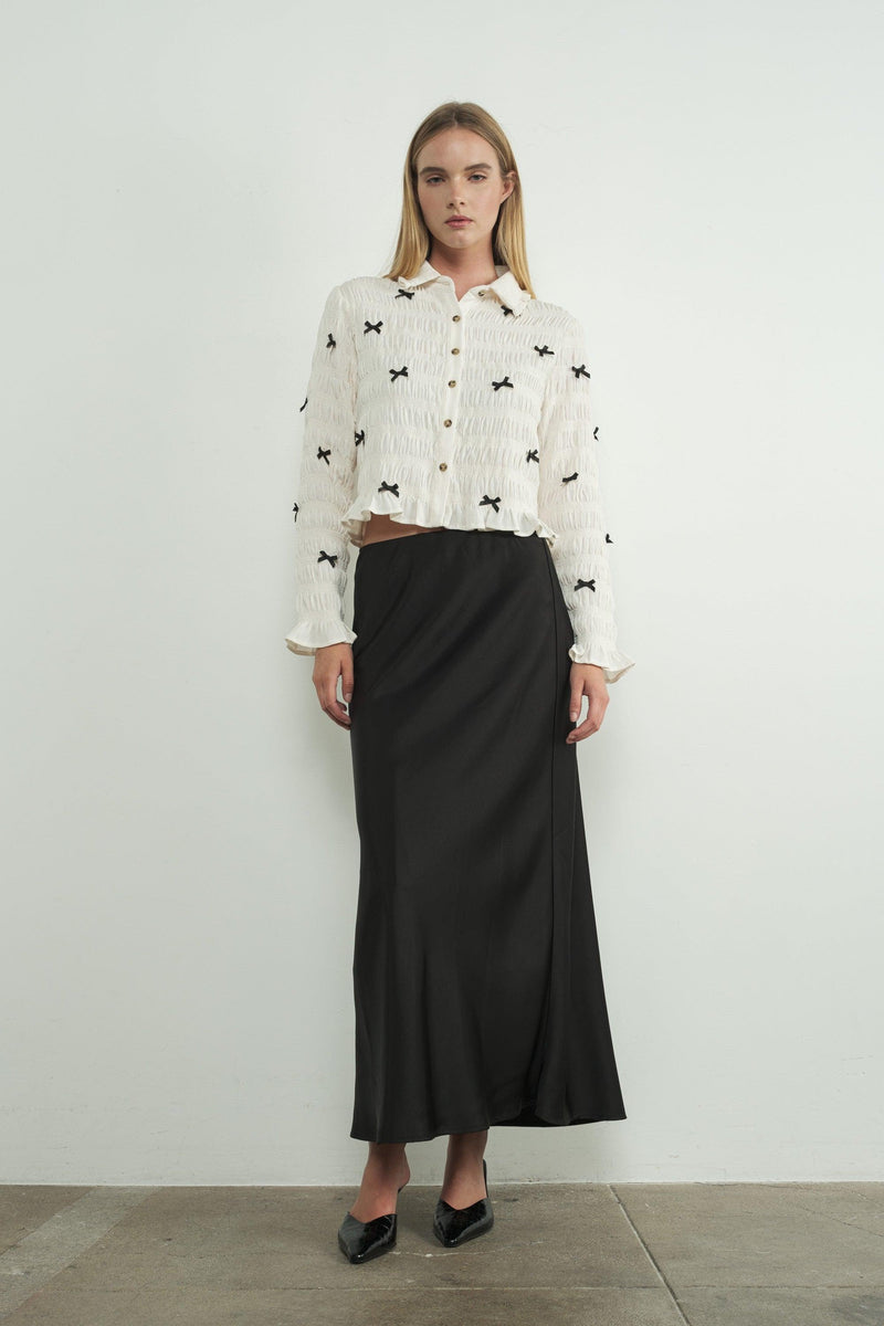 Minerva Black Satin Midi Skirt