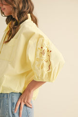 Embroidered Bubble Sleeve Blouse Lemon