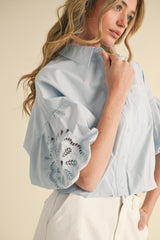 Embroidered Bubble Sleeve Blouse Sky Blue