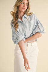 Embroidered Bubble Sleeve Blouse Sky Blue
