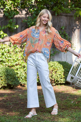 Coral and Print  Button Down Blouse