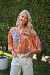Coral and Print  Button Down Blouse
