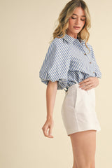 Striped Bubble Sleeve Button Down Top