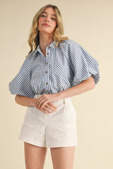 Striped Bubble Sleeve Button Down Top