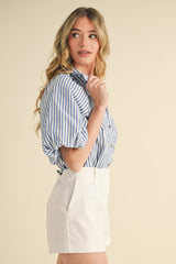 Striped Bubble Sleeve Button Down Top