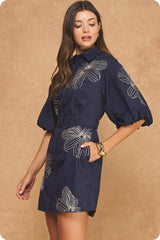 Embroidered Puff Sleeve Belted Mini Shirt Dress