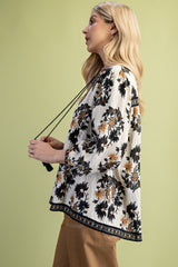 Autumn Floral Fall Print 3/4 Length Sleeve Blouse