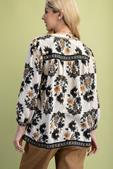 Autumn Floral Fall Print 3/4 Length Sleeve Blouse