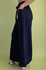 Navy Linen Wide Leg Pants