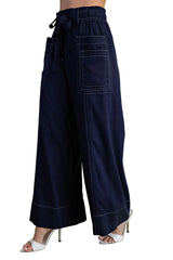 Navy Linen Wide Leg Pants