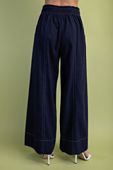 Navy Linen Wide Leg Pants