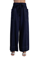 Navy Linen Wide Leg Pants