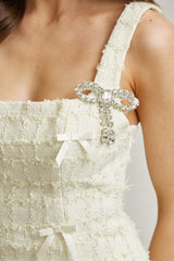 Frayed Tweed Bow Skirt Set Cream