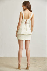 Frayed Tweed Bow Skirt Set Cream