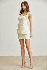 Frayed Tweed Bow Skirt Set Cream