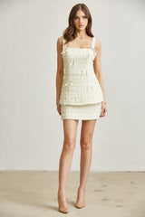 Frayed Tweed Bow Skirt Set Cream